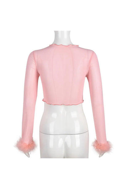 Pink Mesh Long Sleeve Fluffy Top