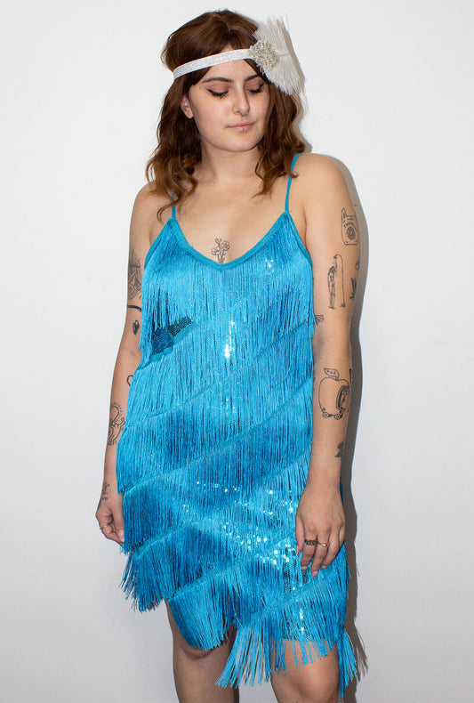Aqua Blue Diagonal Fringe Sequined Flapper Dress