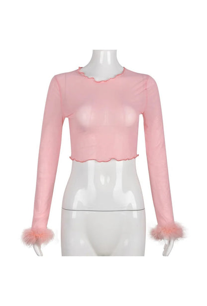 Pink Mesh Long Sleeve Fluffy Top