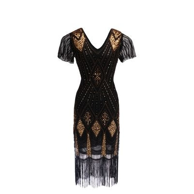 Black and Gold Gatsby Dress with Flutter Sleeve
