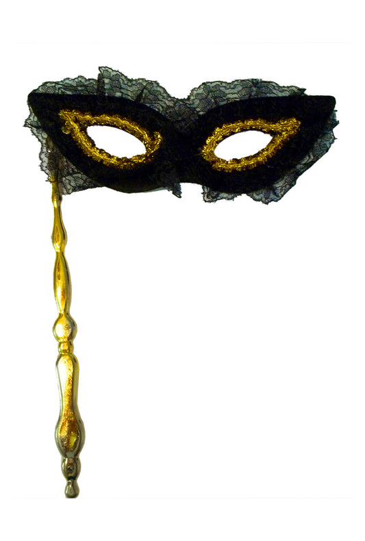 Black and Gold Lace Mask on a Stick