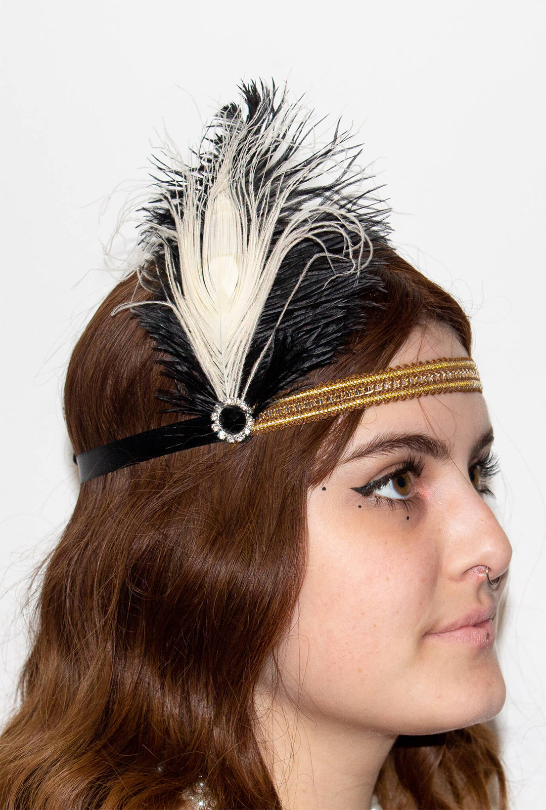 Black and White Feather Gatsby Headband with Gold Band