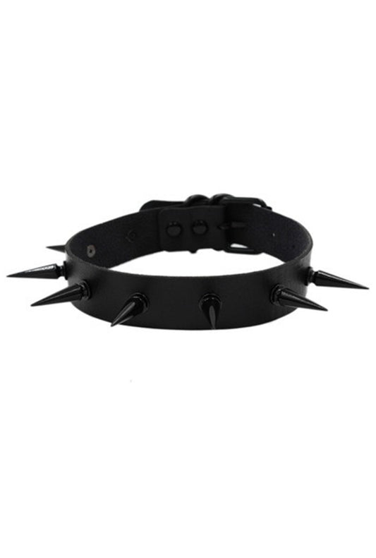 PU Solid Black Leather Spiked Choker