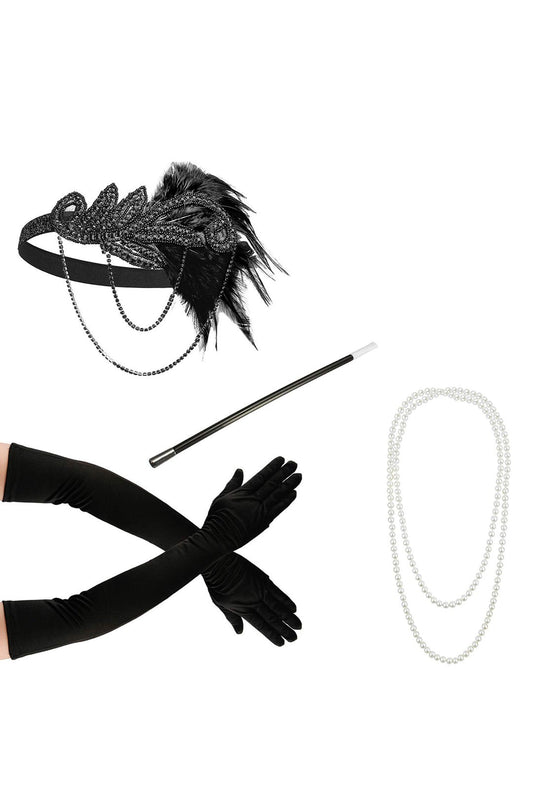 Black and Silver Feather 1920s Gatsby Flapper Set