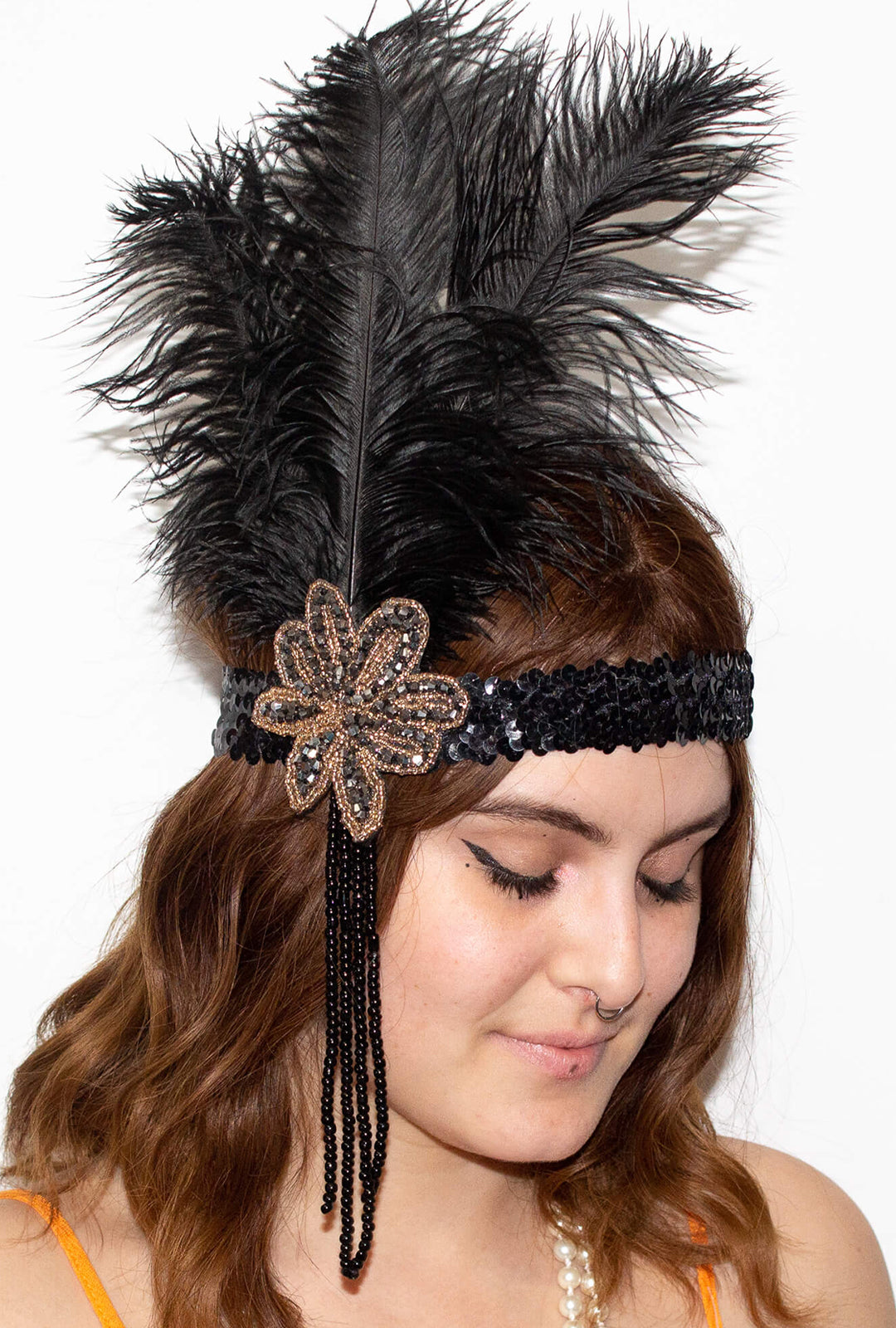 Black Flower Feather Gatsby Headband