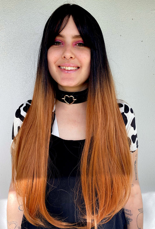 Long Straight Black & Golden Brown Ombre Wig