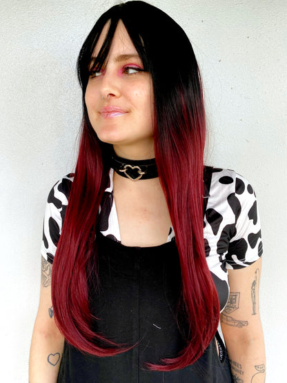 Long Straight Black To Deep Red Ombre Wig