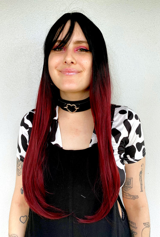 Long Straight Black To Deep Red Ombre Wig