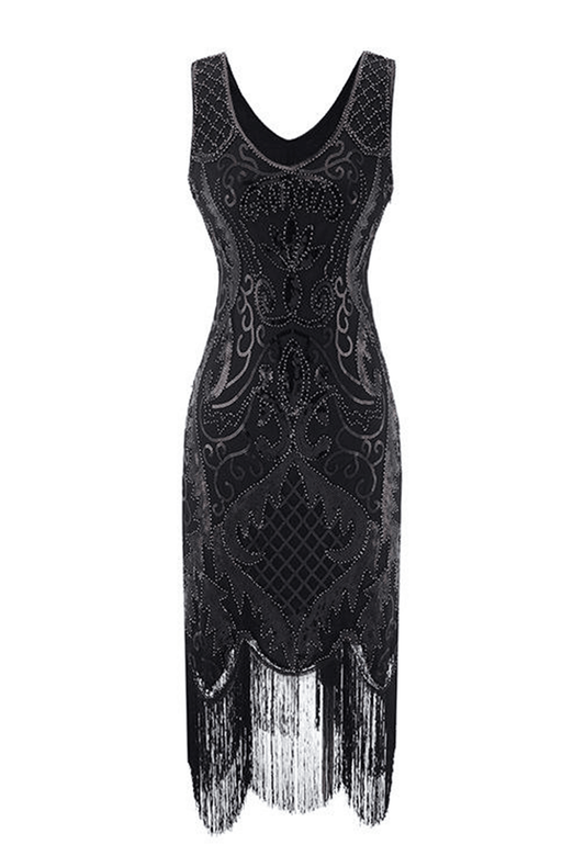 1920's Flapper Black Beaded Fringe Dress