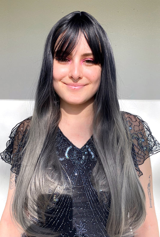 Deluxe Long Straight Black to Silver Ombre Wig
