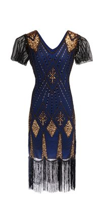 Blue, black and Gold Gatsby Dress with flutter sleeve