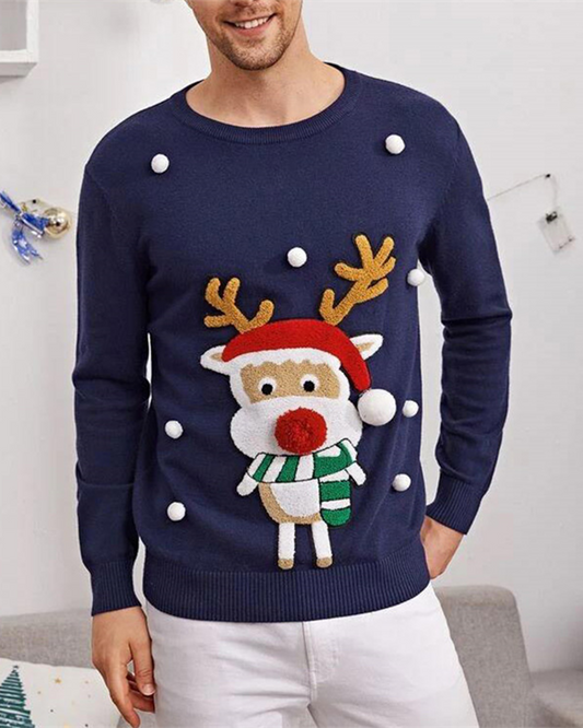 Deluxe Navy Blue Rudolph Pom-Pom Sweater