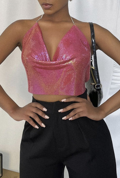 Sunset Coral Metal Mesh Crop Top