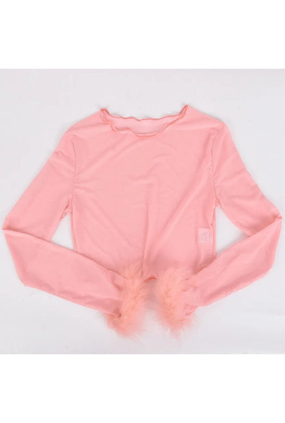 Pink Mesh Long Sleeve Fluffy Top