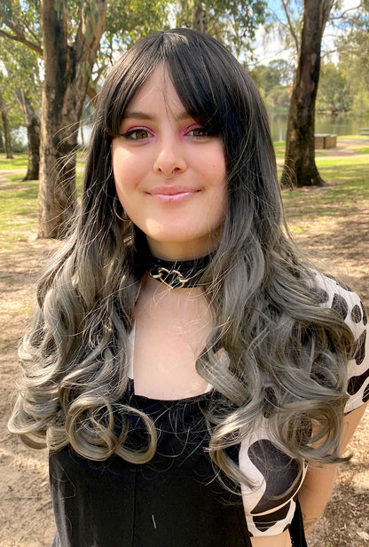 Long Curly Dark to Silver Ombre Wig