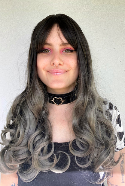 Long Curly Dark to Silver Ombre Wig