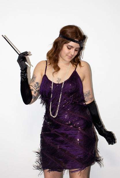 Dark Purple Diagonal Fringe Sequined Flapper Dress