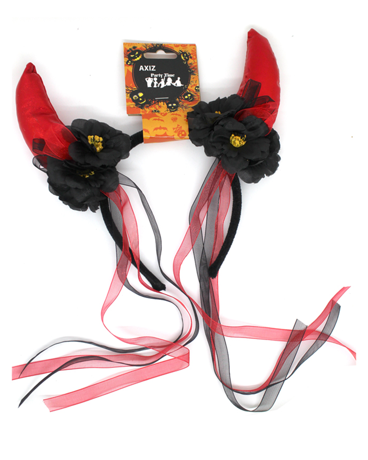 Devil Horns Headband with Flowers & Ribbon