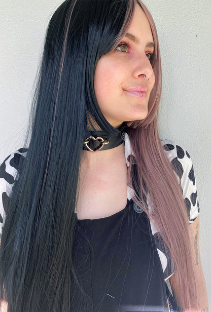 Deluxe Two Toned Long Black & Dusty Purple Wig