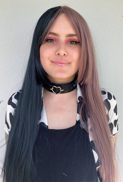 Deluxe Two Toned Long Black & Dusty Purple Wig