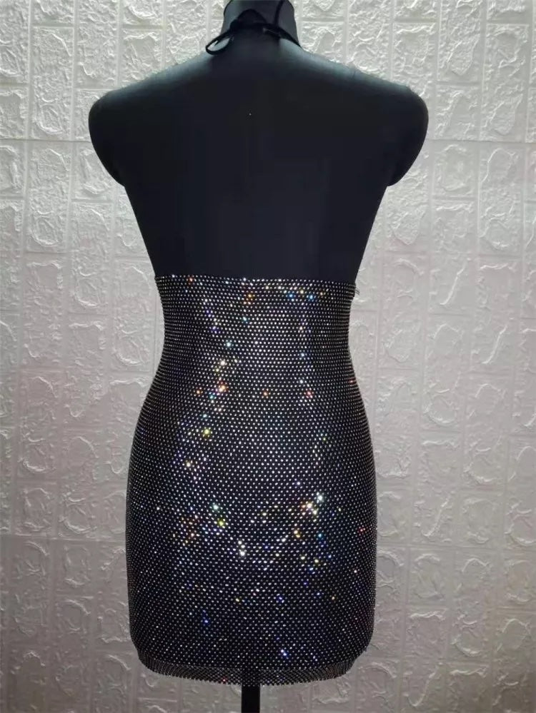 Black Sparkly Halter Mini Dress