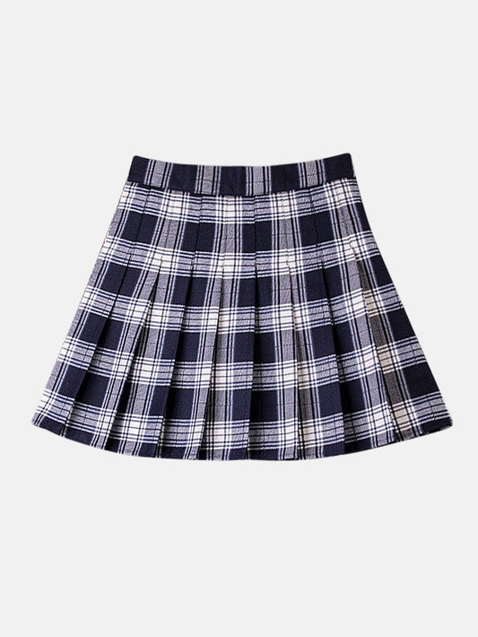 White and Navy Blue Plaid Flannelette School Skirt