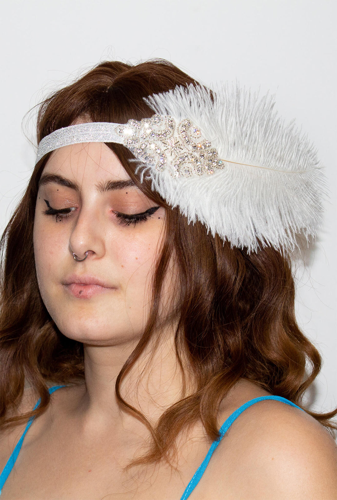 White Bedazzled Feather Gatsby Headband