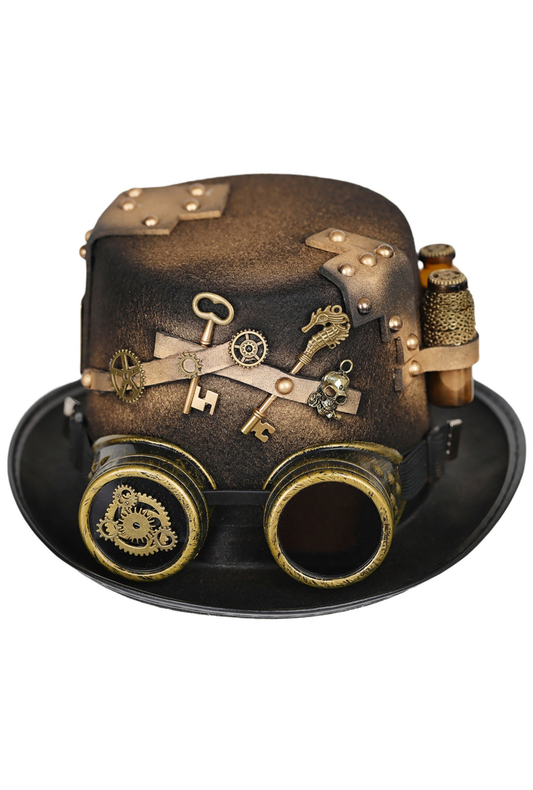 Steampunk Black & Gold Hat with Trinkets and Goggles (EE)