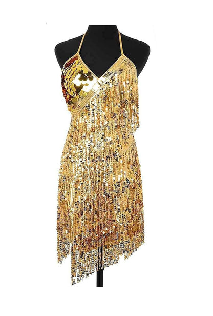 Gold Sequin Diagonal Fringe Dress