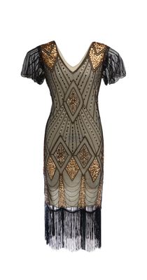 Black, Cream and Gold Gatsby Dress with flutter sleeve
