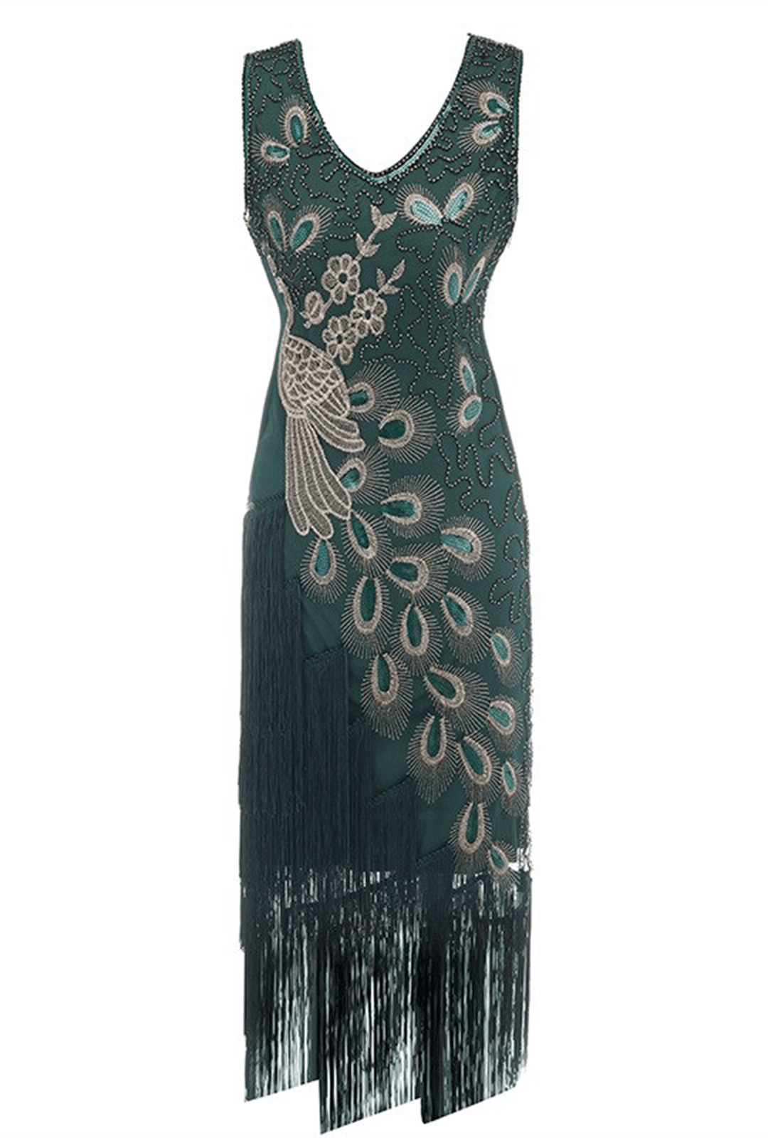 1920's Gatsby Green & Gold Peacock Dress