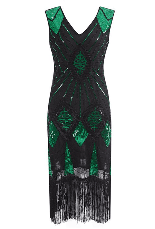 1920's Flapper Green & Black Fringe Dress