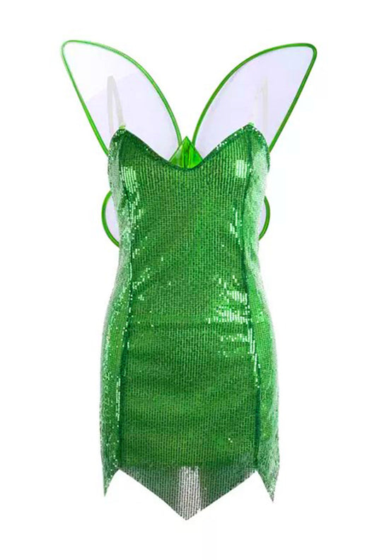 sparkly green tinkerbell dress Luxury Tinkerbell Inspired Tutu Dress Emerald Green Woodland Fairy Princess Costume Wings Pom Poms Tink Cosplay Ball Gown Satin Leaf Skirt