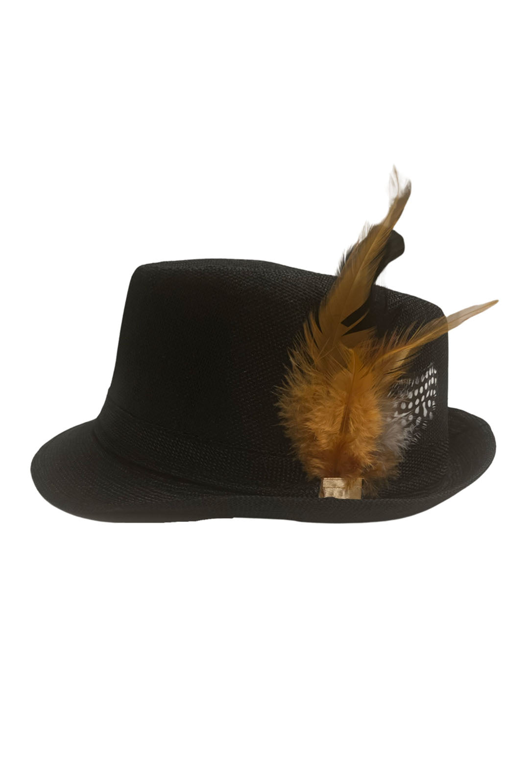 Black Trilby Hat with Brown Feather