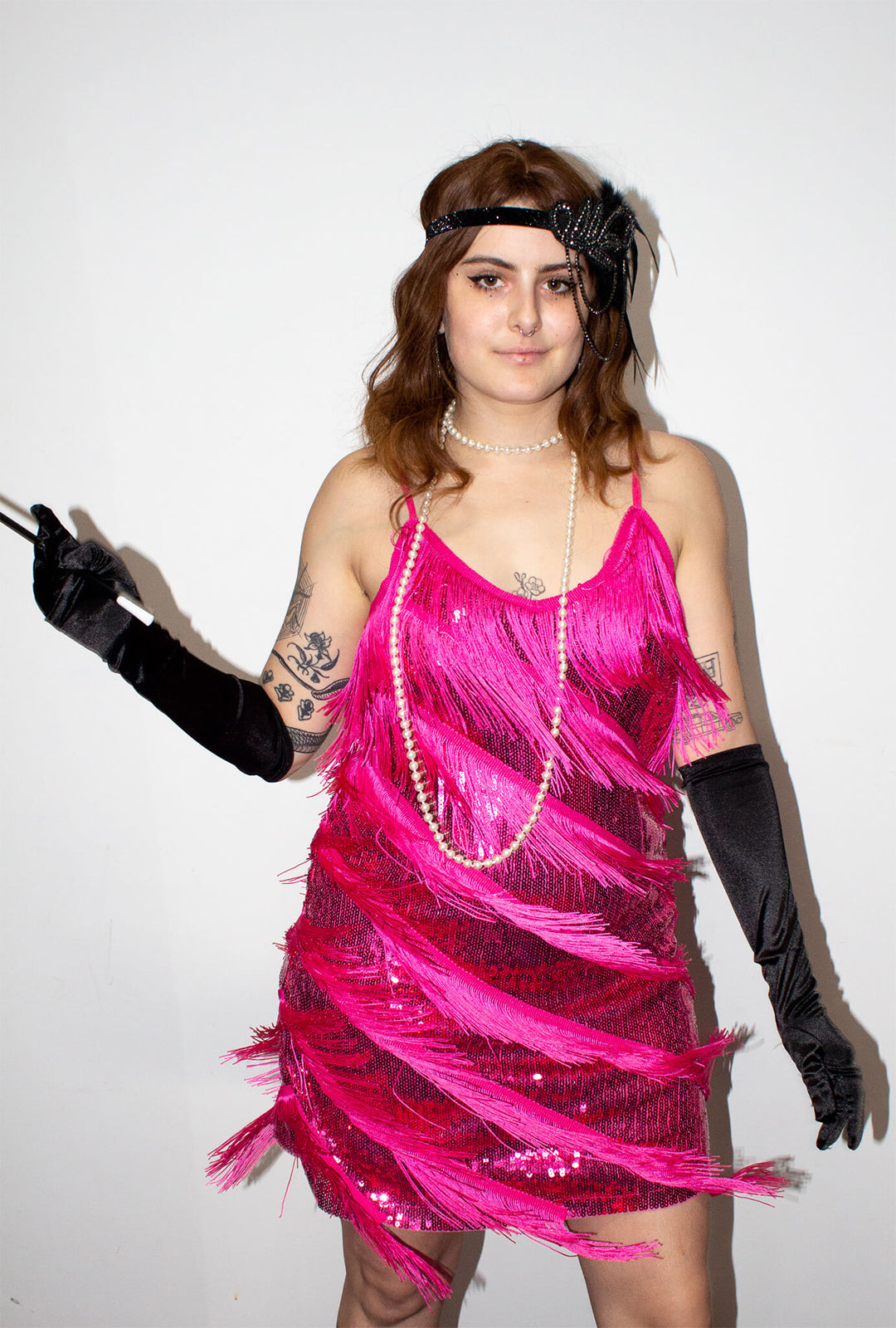 Hot Pink Diagonal Fringe Sequined Flapper Dress