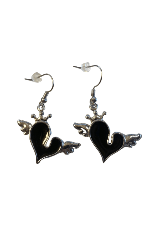 Black Heart with Wings and Crown Earrings