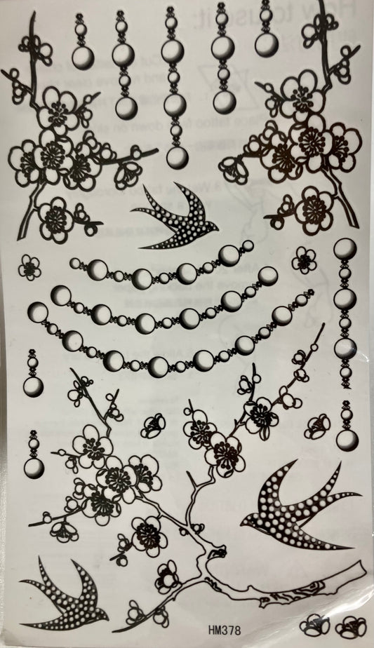 Cherry Blossom, Beads and Birds Temporary Tattoo