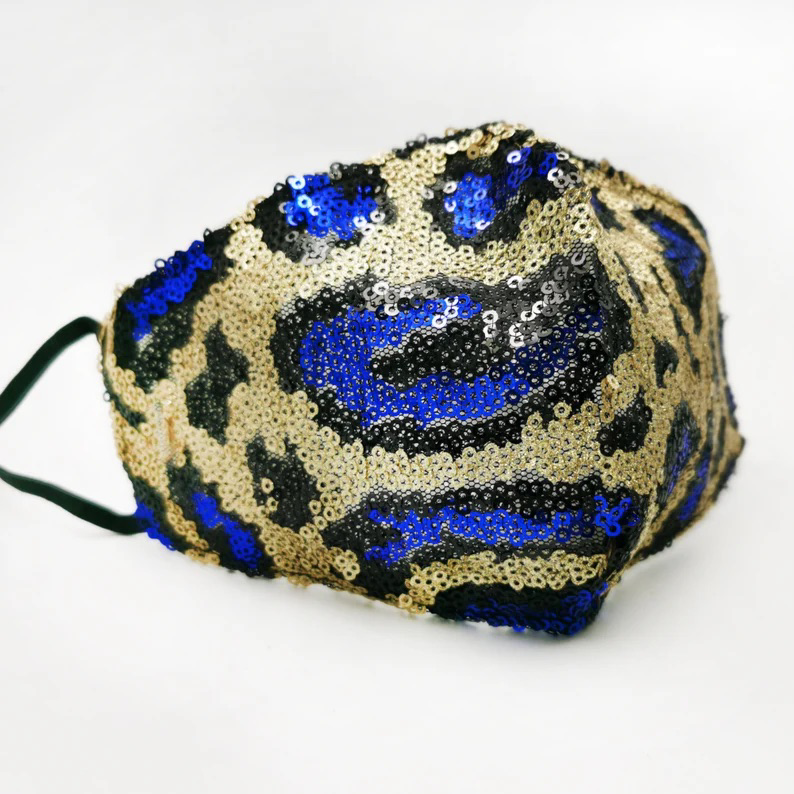 Sequin Gold and Blue Leopard Face Mask