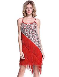 Red Paisley and Diagonal Fringe 1920s Dress