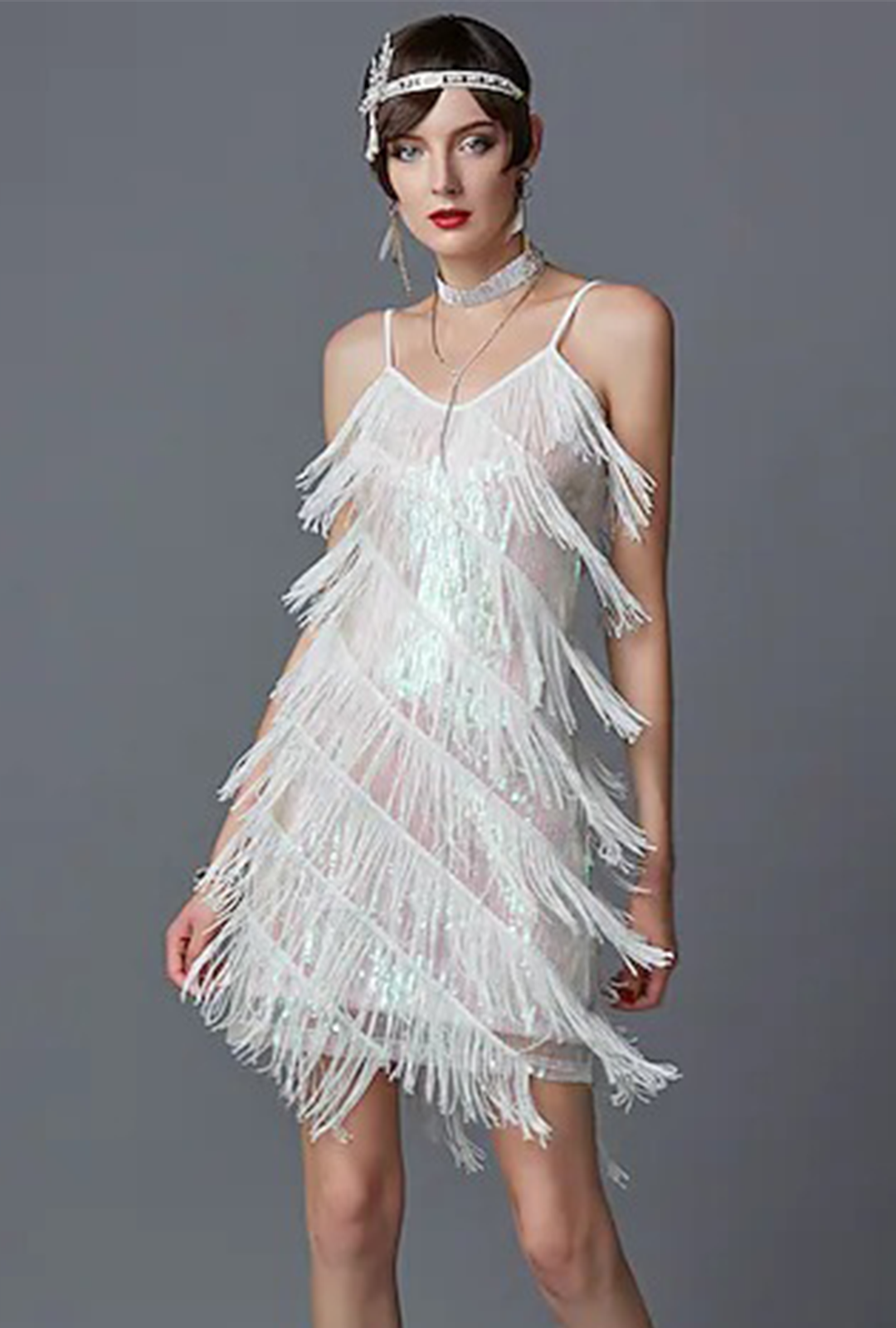 Iridescent White Diagonal Fringe Sequined Flapper Dress