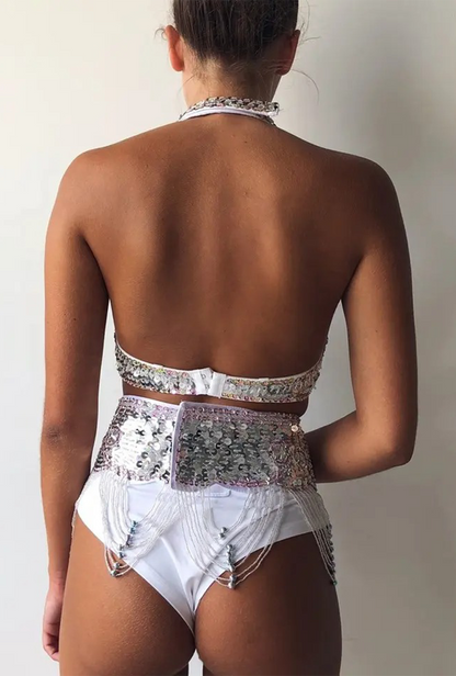 Iridescent White Jewelled Festival Belt