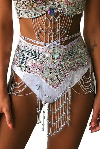 Iridescent White Jewelled Festival Belt