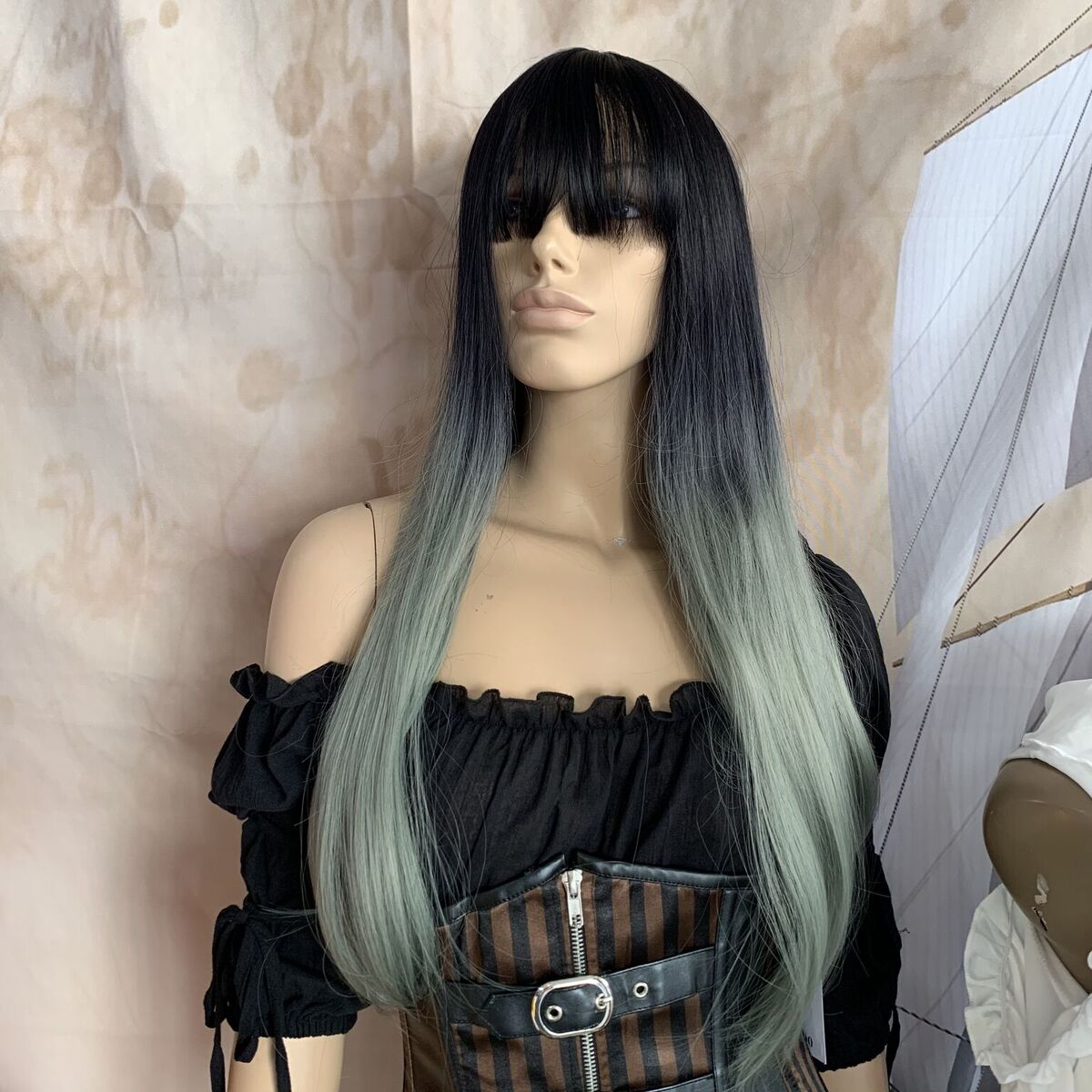 Deluxe Straight Ombre Black to Sage Silver Wig