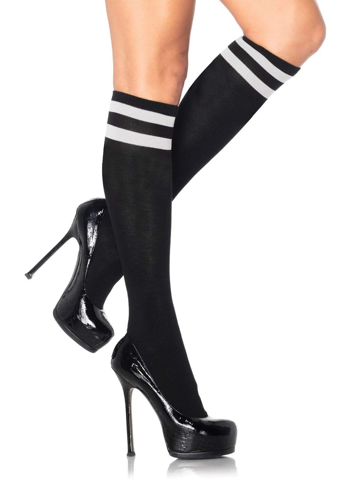 Black Athletic Knee High Socks w/ White Stripes