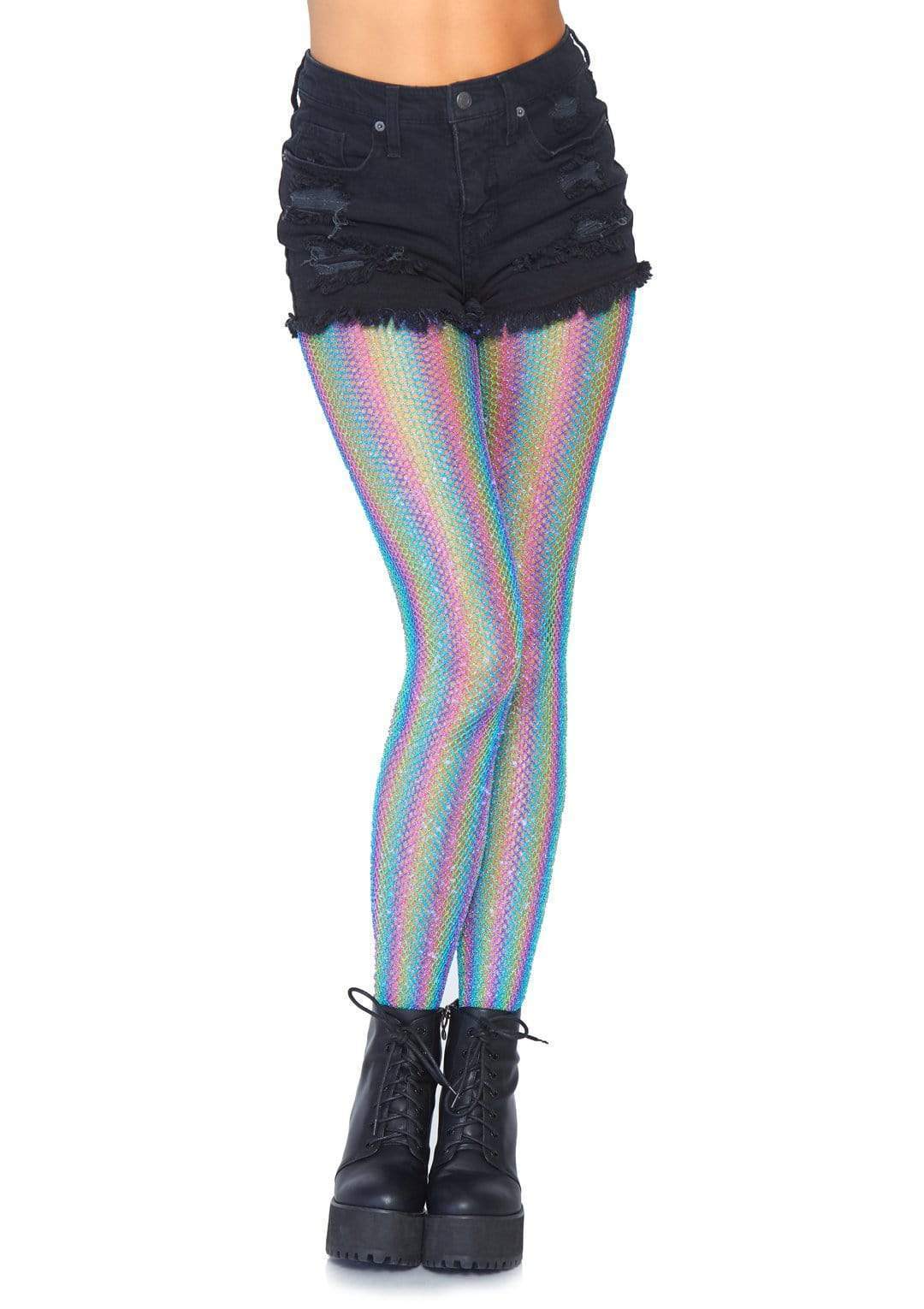 Blue Shimmer Rainbow Striped Fishnet Tights