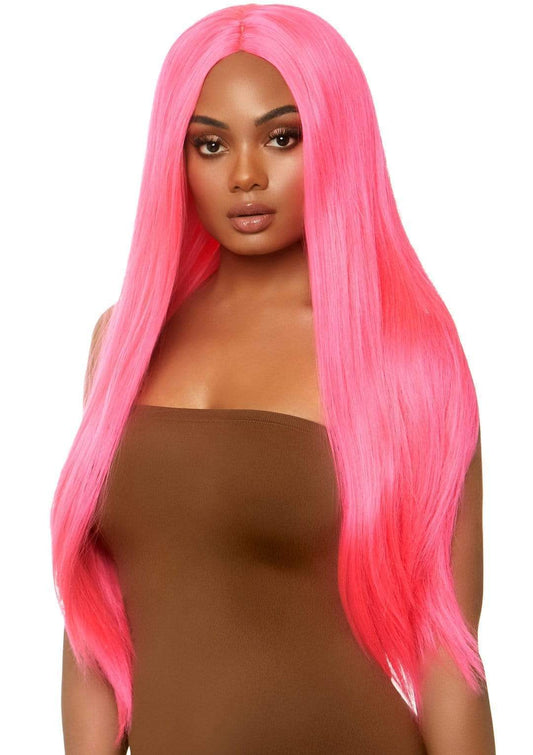 Long Straight Neon Pink Deluxe Wig