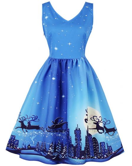 Blue Snow Scene Christmas Print Dress