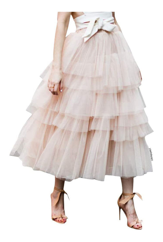 Light Pink Tiered Long Tulle Skirt