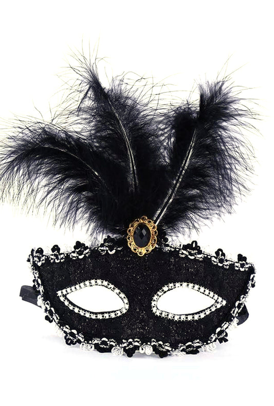 Lace Silver and Black Feather Mask