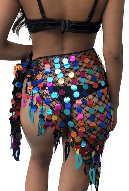 Multi-Coloured Sequin Net Wrap Skirt